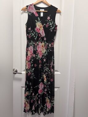 Sleeveless Black Floral Maxi Dress with Pink & Yellow Blooms